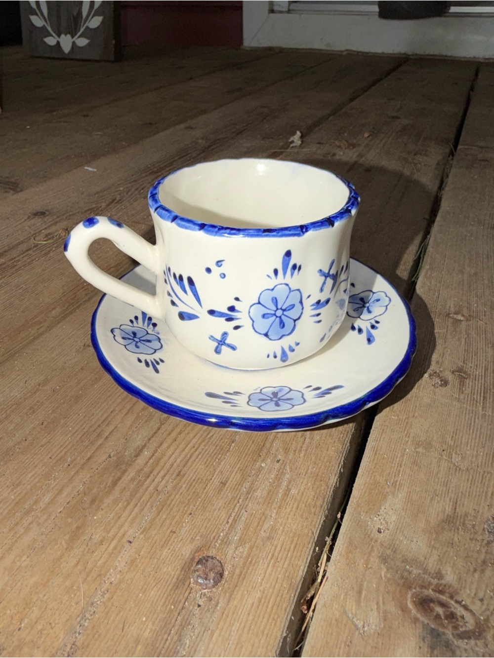 Hand-Painted Blue Floral Ceramic Cup and Saucer - White and Blue